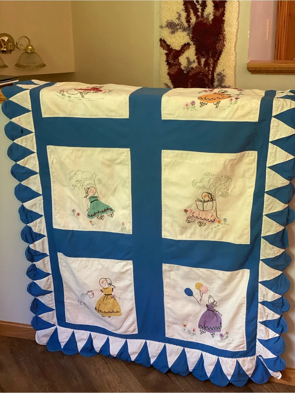 Hand-Embroidered Blue & Vintage Quilt